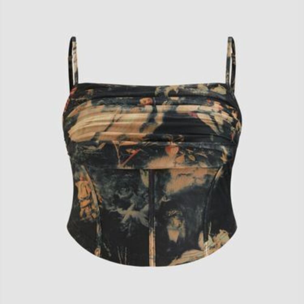 CIDER | Mesh Graphic Ruched Corset Crop Cami Top Curve & Plus